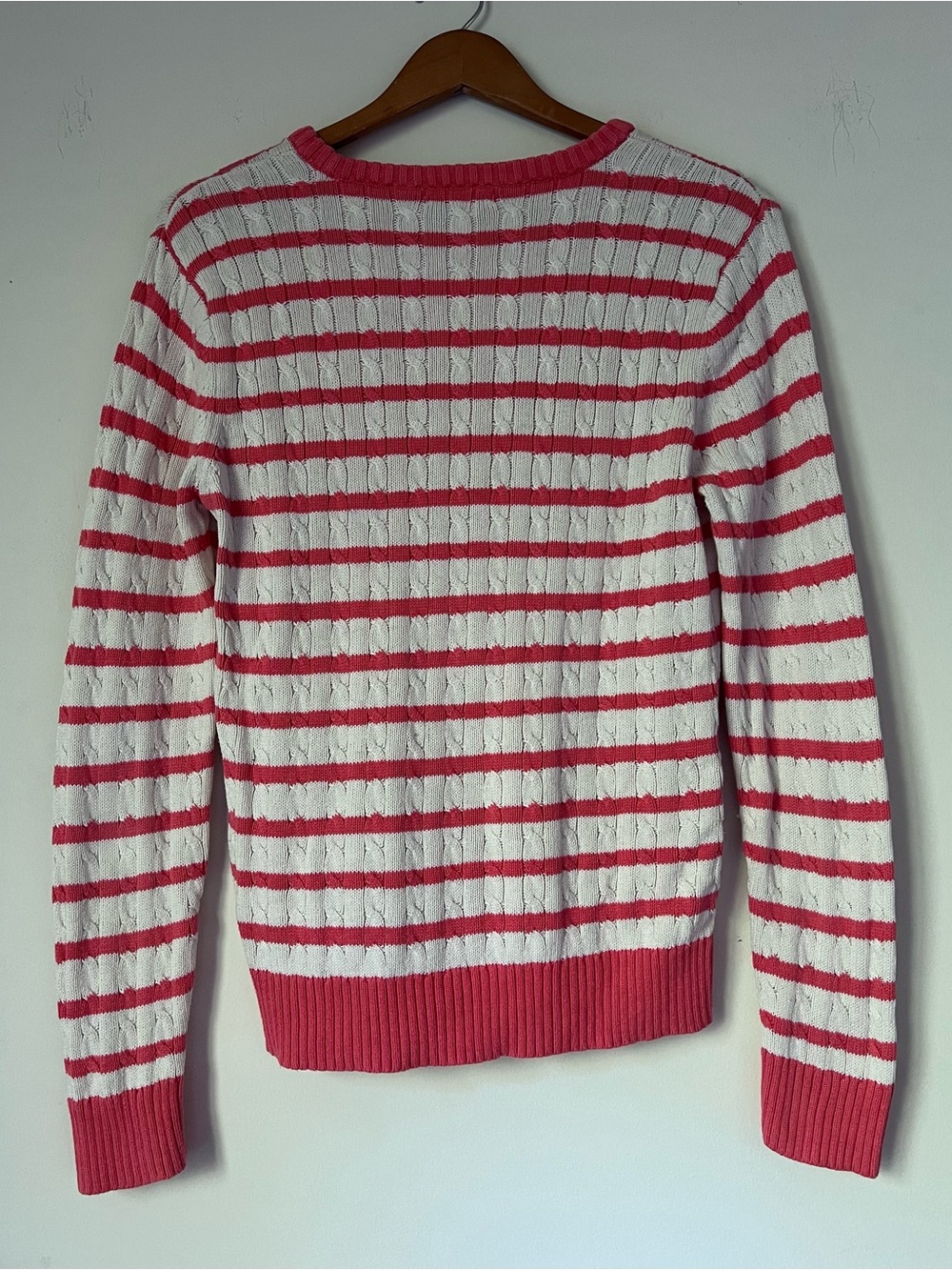 Lilly Pulitzer Pink & White Striped Cable Knit Cotton Sweater Palm Tree Logo L - Picture 2 of 9